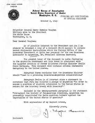 Memorandum from J. Edgar Hoover to Brigadier General Harry Vaughan, with Attachment