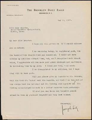 Joseph Lilly (Brooklyn Daliy Eagle) typed letter signed to Mary Donovan, Brooklyn, N.Y., May 13, 1927