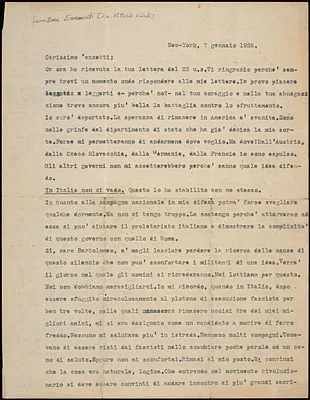 Vittorio Vidali typed letter signed to Bartolomeo Vanzetti, New York, 7 January 1926