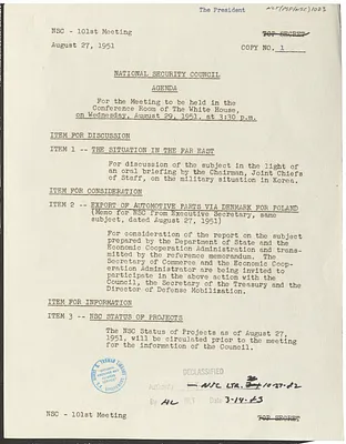 Agenda for the One Hundred and First Meeting of the National Security Council