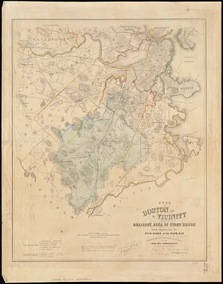 Plan of Boston and its vicinity, showing the drainage area of Stony Brook which empties into the full basin of the Back Bay