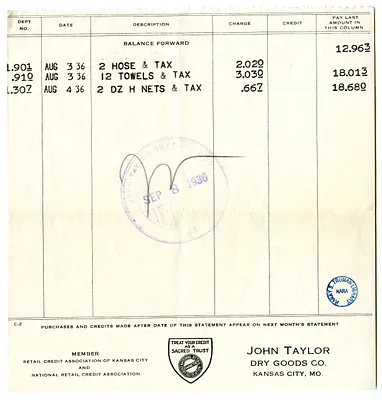 Bill from John Taylor Dry Goods Company
