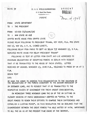 Telegram from the Department of State to President Harry S. Truman