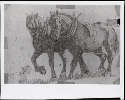 Two horses by W. Lester Stevens, drawing on paper, signed and dated Sept. 9, 1906