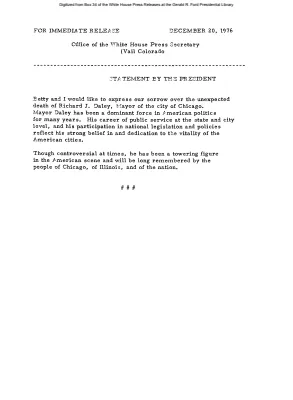 Statement by President on the death of Richard J. Daley, mayor of Chicago [Ford Speech or Statement]