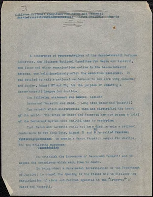[Citizens National Committee for Sacco and Vanzetti] press release (copy), [Boston, Mass., August 23, 1927]