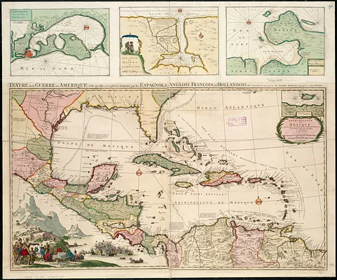 Teâtre de la guerre en Amerique telle que'elle est à present possedée par les Espagnols, Anglois, François, et Hollandois &c