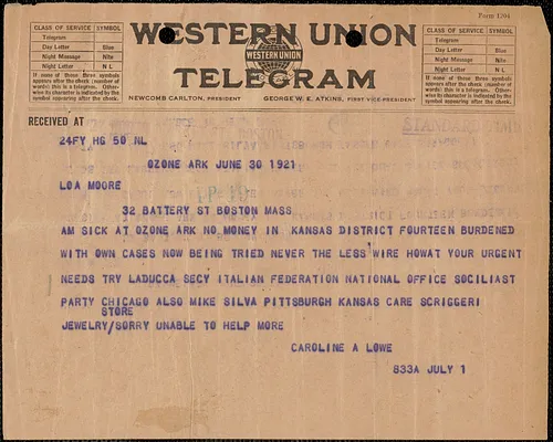 Caroline A. Lowe telegram to Loa? Moore [Sacco-Vanzetti Defense Committee], Ozone, Ark., June 30, 1921