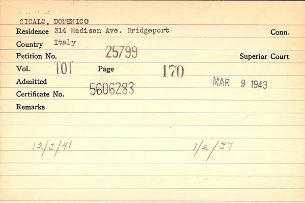 Fairfield County Superior Court and Fairfield County Court of Common Pleas, Index to Records of Naturalization, 1839-1955, Cicalo-Coldwell