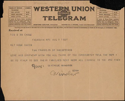 Gertrude Winslow telegram to Rose Sacco, Falmouth, Mass., August 7, 1927
