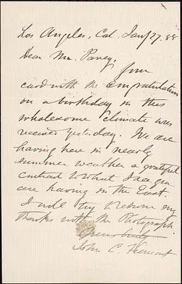 Letter from John C. Fremont, Los Angeles, Cal., to Darwin C. Pavey, 1888 January 27