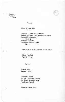 White House Dinner and Supper Menu