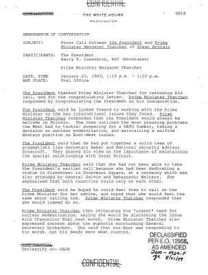 Phone Call between the President and Prime Minister Margaret Thatcher of Great Britain, January 23, 1989