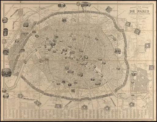 Nouveau plan illustré de la ville de Paris avec le système complet de ses fortifications et forts détachés, et des communes de la banlieue