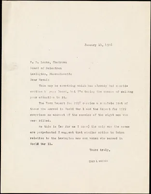Letter from Edwin B. Worthen to Errol H. Locke, Board of Selectmen, January 11, 1946