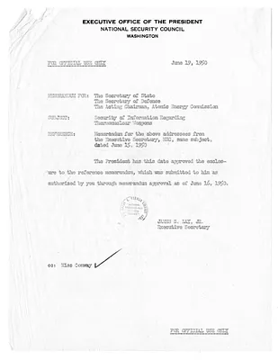 Memorandum from James Lay to Secretary of State Dean Acheson, Secretary of Defense Louis Johnson, and the Acting Chairman of the Atomic Energy Commission with Attachments
