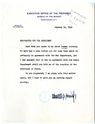 Memorandum from Harold D. Smith to President Harry S. Truman