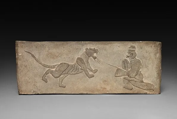 Panel from Model Cooking Stove: Lancer Jousting with a Tiger