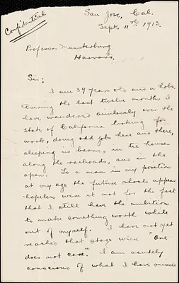 Custin, Maurice H., fl. 1913 autograph letter signed to Hugo Münsterberg, San Jose, Calif., 11 September 1913