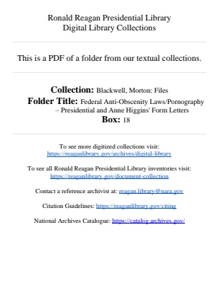 Federal Anti-Obscenity Laws/Pornography - Presidential and Anne Higgins' Form Letters