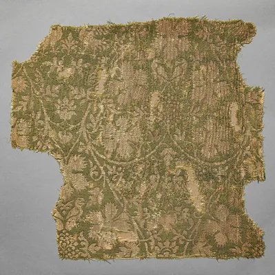 Silk fragment with scrolling vines, grape leaves, grapes, and birds