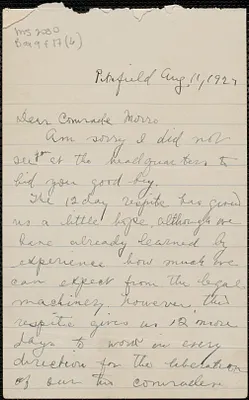 Bessie Kimmelman (Sacco-Vanzetti Defense Committee, Cleveland) autograph letter signed to Joseph Moro, Cleveland, Ohio, August 11, 1927