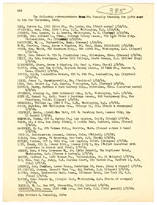 List of Correspondence from Matthew J. Connelly Regarding Christmas Gifts Received