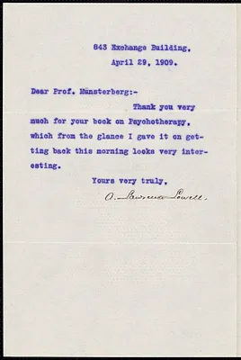 Lowell, A. Lawrence (Abbott Lawrence), 1856-1943 typed letter signed to Hugo Münsterberg, Boston, 29 April 1909