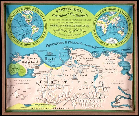 Karten-ideal zur elementaren darstellung der topischen verhältnisse von wasser und land auf dem erdboden, nebst der Oestl. & Westl. erdhälfte, zur erläuterung mathemat. eintheilung u. physisch-geograph. verhältnisse