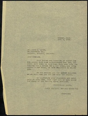 Sacco-Vanzetti Defense Committee typed letter (copy) to Alec E. Laved, Boston, Mass., November 5, 1926
