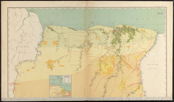 Kaart van Suriname naar de opmetingen van J.F.A. Cateau van Rosevelt en J.F.A.E. van Lansberge, aangevuld tot 1898 met die van