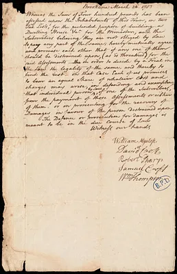 Agreement by W. Hyslop, D. Cook, R. Sharp, S. Crof & W. Thompson to resist levy for minister's house