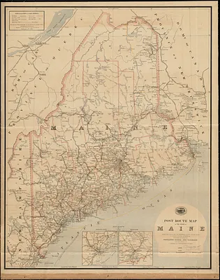 Post route map of the State of Maine showing post offices with the intermediate distances and mail routes in operation on the 1st of October 1891