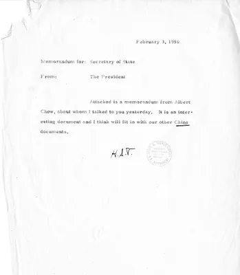 Memorandum from President Harry S. Truman to Secretary of State Dean Acheson, with Attachment