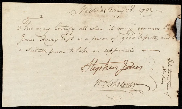 Joseph Whitmore indentured to apprentice with James Avery of Machias, 2 August 1792