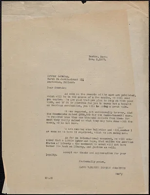 Mary Donovan (Sacco-Vanzetti Defense Committee) typed letter (copy) to Arthur Lehning, Boston, Mass., November 2, 1927
