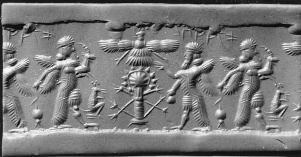 Cylinder Seal with Winged Animals with Human Heads and a Bird