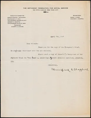 Winifred L. Chappell (The Methodist Federation for Social Service) typed note signed to Sacco-Vanzetti Defense Committee, New York, N.Y., April 7, 1927