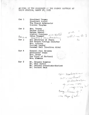 Memorandum, Arrival of President Vincent Auriol
