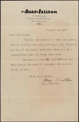 Rose Pesotta (The Road to Freedom] typed letter signed to Aldino Felicani, New York, N. Y., August 16, 1927