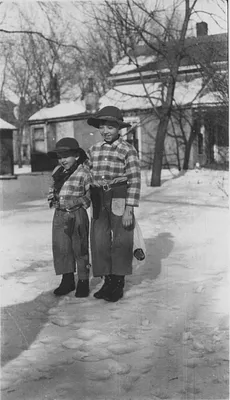 Bob and Dale Coonradt playing in the snow, 1930