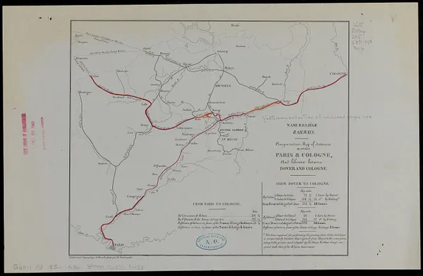 Comparative map of distances between Paris & Cologne, and likewise between Dover and Cologne