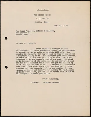 Gardner Jackson typed letter (copy) to Amleto Fabbri, Boston, Mass., November 30, 1925