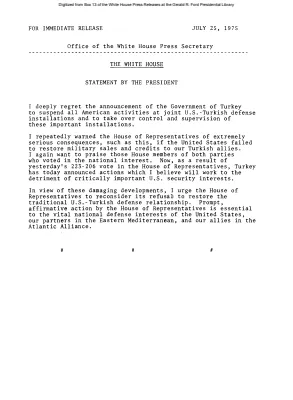 Statement by the President on Turkey suspending American activities at joint defense installations [Ford Speech or Statement]