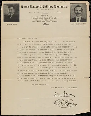 Aldino Felicani and Frank R. Lopez (Sacco-Vanzetti Defense Committee) typed circular letter signed, in Italian, to Carissimo compagno, Boston, Mass., January - March 1921