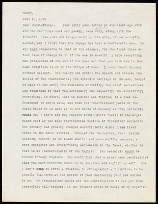 James, William, 1842-1910 typed letter signed to Hugo Münsterberg, Ouchy, Switz., 18 June 1900
