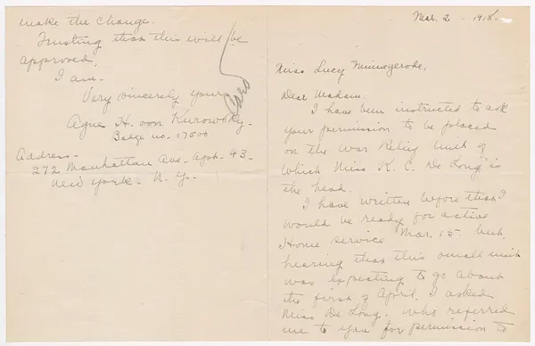 Letter from Agnes von Kurowsky to Lucy [Minnigerode]