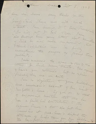 Elizabeth G[lendower] Evans autograph letter signed to [Fred H.] Moore, Chatham, Mass., September 8, 1923