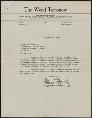 Esther T. Shemitz (The World Tomorrow) typed letter signed to Joseph Moro, New York, N.Y., October 19, 1925