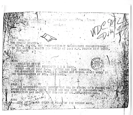 Teletype Report Regarding the Surrender of Germany